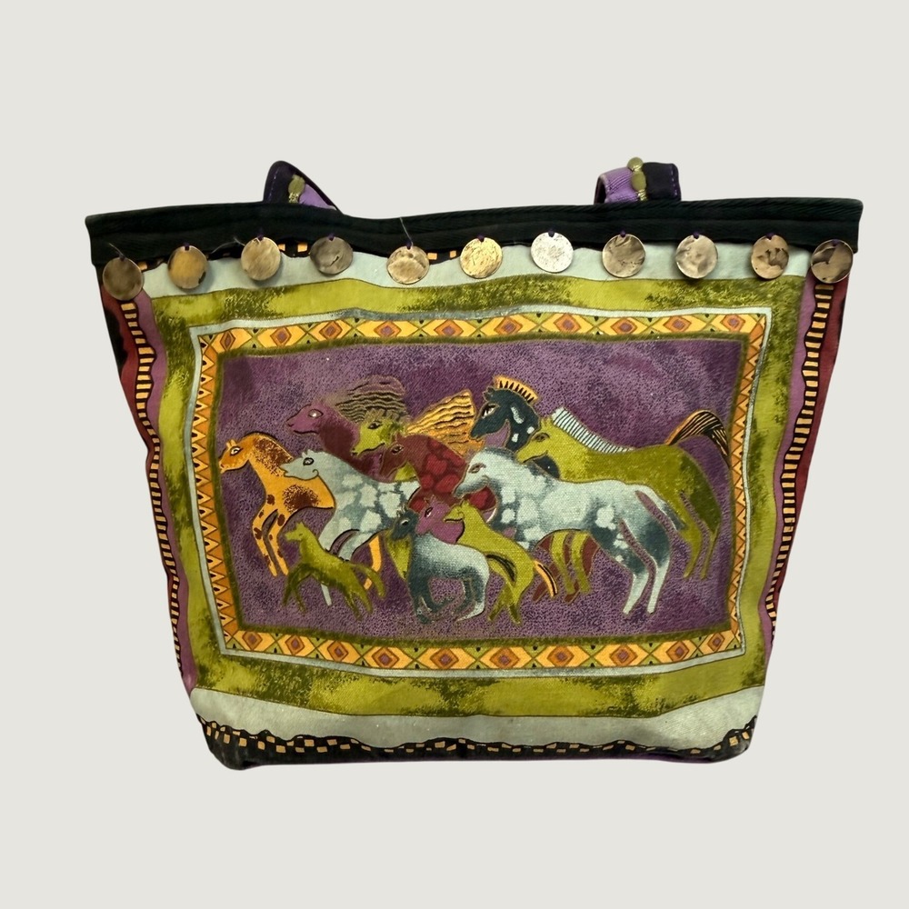 Laurel Burch Wild Horse Canvas Tote Bag Purple Green Shoulder Bag Coins *READ*